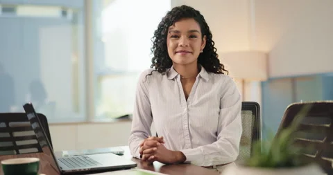 Face, laptop and happy business woman in office for writing news article, report Stock Footage 311328246