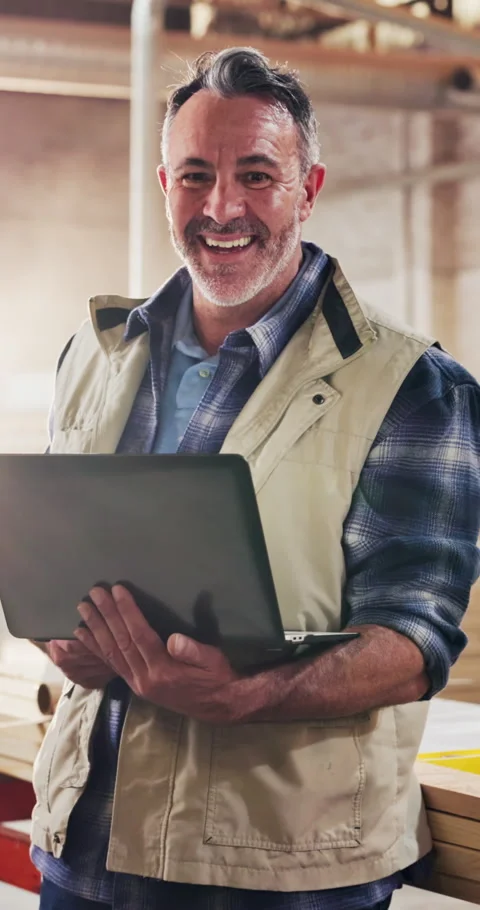 Face, laptop and management with man in carpentry workshop for manufacturing or Stock Footage 340754979