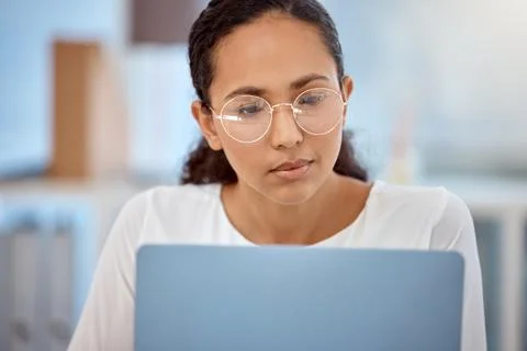 Face, laptop and problem solving with remote work woman in home office for Stock Photos