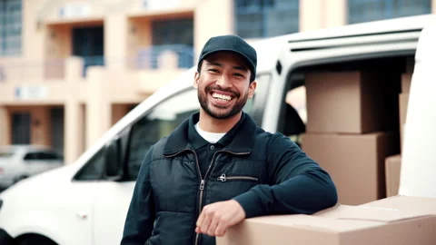 Face, laugh and delivery man by van with boxes, shipping distribution and pride Stock Footage 341545812