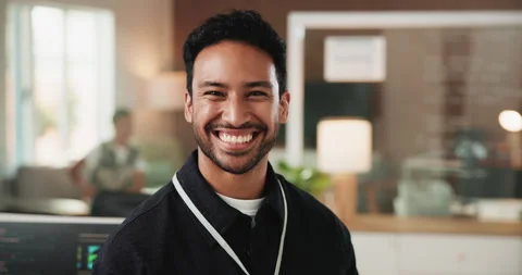 Face, laughing and programming with business man in office for language coding Stock Footage 330101262