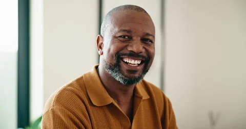 Face, laughing and weekend with black man in home living room for break, me time Stock Footage 338398077