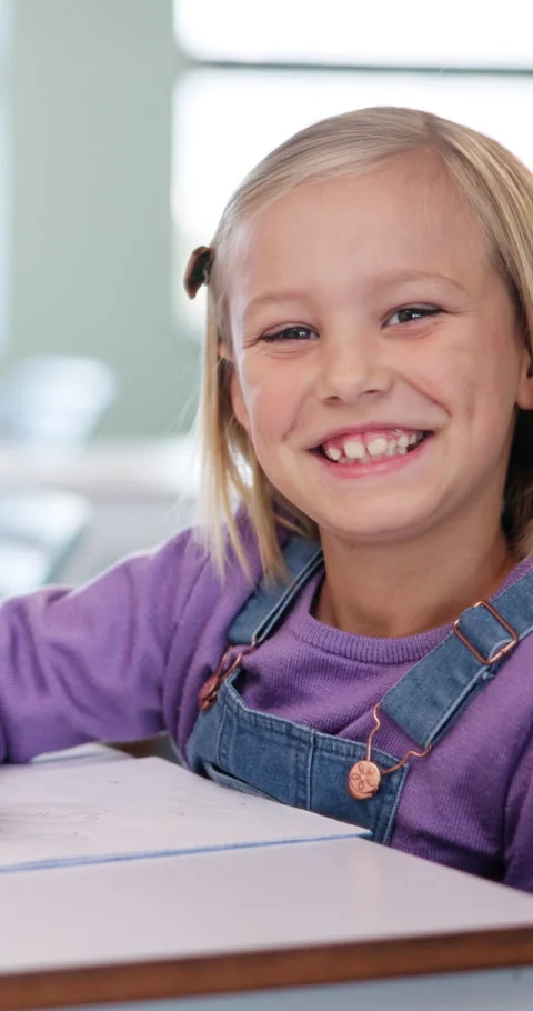 Face, learning and smile of girl in classroom for child development, future or Stock Footage 335872032