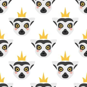 The face of a lemur with a crown on its head. Vector seamless pattern Stock Illustration