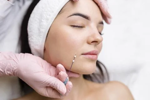 Face lifting PDO Suture operation. innovative technique of New thread lift Stock Photos