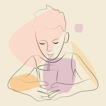 Face Line Boy Drinks with a Straw from Paper Cup Illustrazione stock