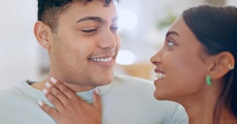 Face, love and commitment with a couple closeup in their apartment together for Stock Photos