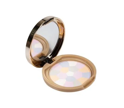 Face makeup powder in a plastic case with a brush on a white background Stock Photos