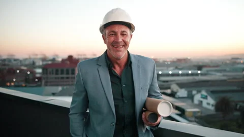 Face, man and architect in city with blueprint, smile and job experience for Stock Footage 338021445