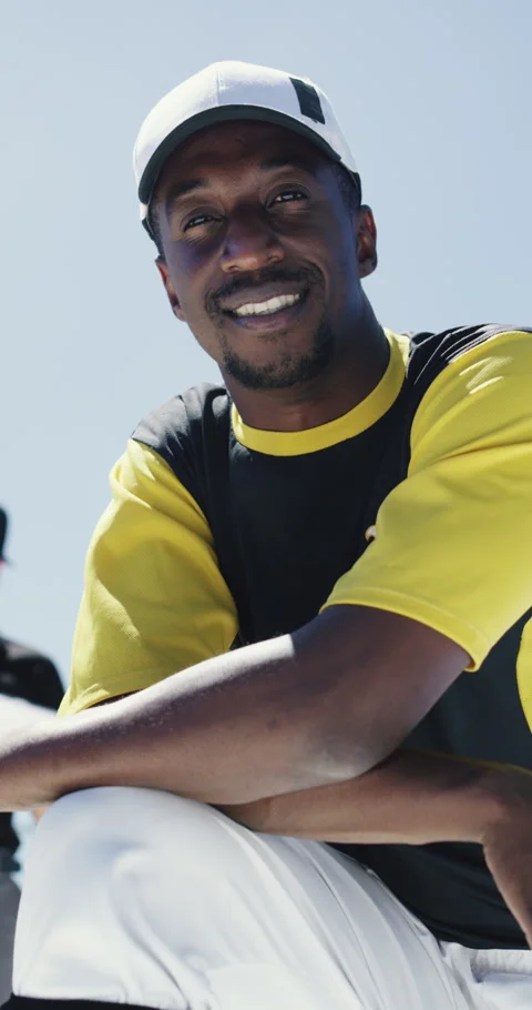 Face, man and baseball player with confidence for game training, fitness and Stock Footage 336699035