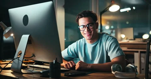 Face, man and computer with smile for coding, programing and software engineer Stock Footage 301368618