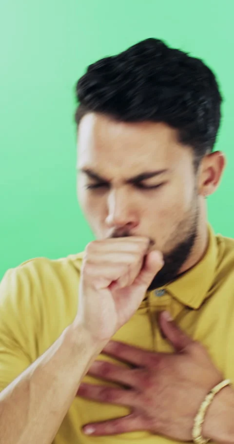 Face, man and cough in studio with chest pain, respiratory infection and Stock Footage 334899172