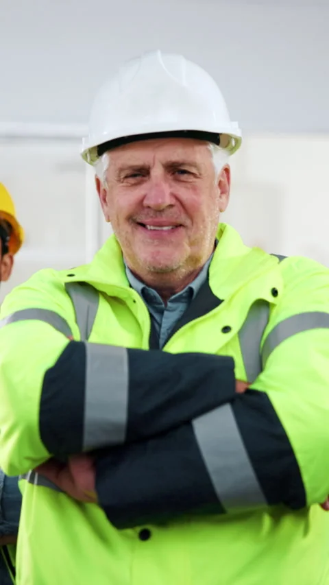 Face, man and engineer with construction team, development and leadership in Stock Footage 342313430