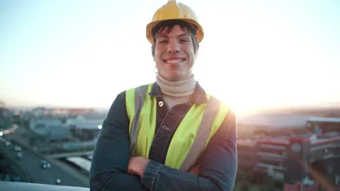 Face, man and engineer outdoor with arms crossed, inspection or architecture for Stock Footage 338021054