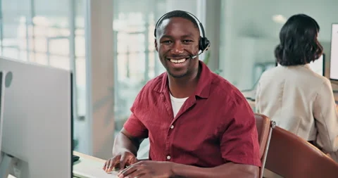 Face, man and happy with computer in callcenter for telemarketing, lead Stock Footage 341459774