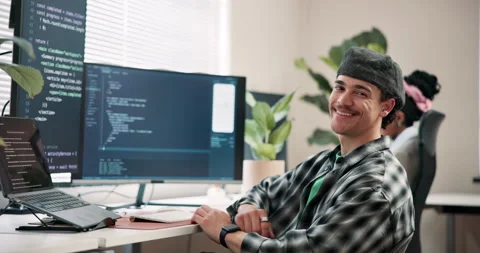 Face, man and programmer in office with computer, coding and update firewall for Stock-Footage 346758562