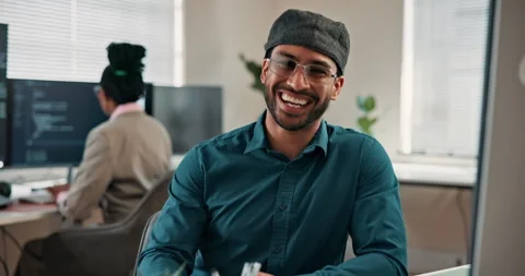Face, man and programmer in office with computer, coding and system upgrade for Stock-Footage 346956676