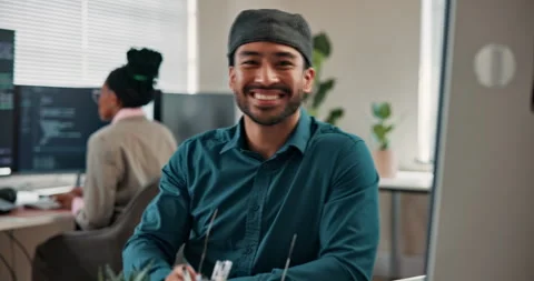 Face, man and programming in office with computer, coding and system upgrade for Stock Footage 346949769