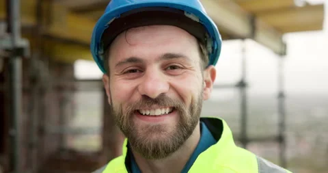Face, man and smile on site for construction supervision, renovation project or Stock Footage 337632248