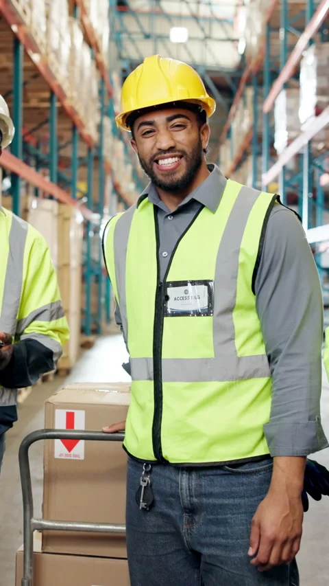 Face, man and smile at warehouse with boxes, inventory and supply chain for Stock Footage 340539671
