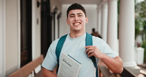 Face, man and student at campus with smile, exchange program and scholarship for Stock-Footage 346292724
