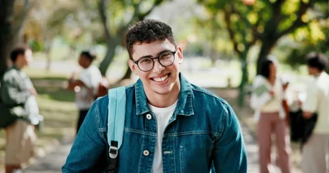 Face, man and student at college with laugh, pride and opportunity for higher Stock Footage 346116521