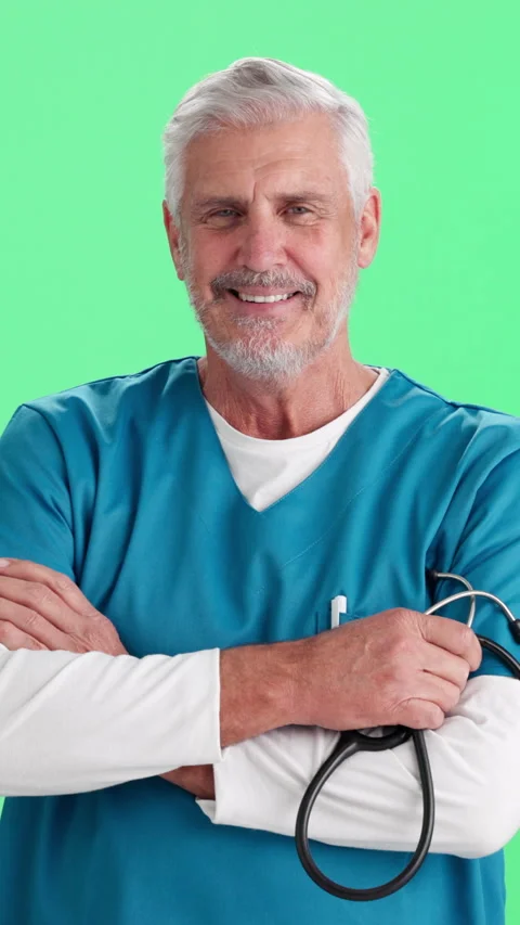 Face, man and surgeon with confidence, stethoscope and heart health on green 動画素材 340449376