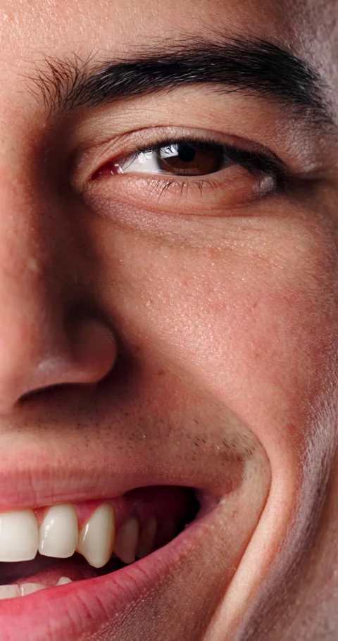 Face, man and vision with eye care, laugh and happiness with optometry for Stock Footage 343041444
