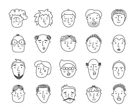 Face man character set in outline line art Stock Illustration