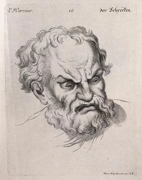 The face of a man expressing horror. Engraving by M. Engelbrecht (?), 1732,.. Stock Illustration