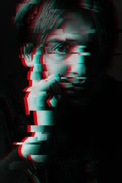 Face of man with glitch effect of virtual reality Fotos de archivo