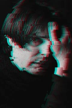 Face of man with glitch effect of virtual reality Stock Photos