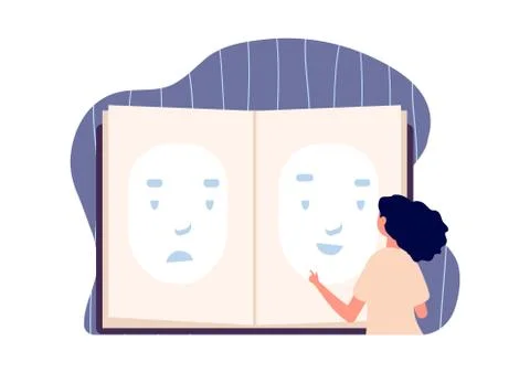 Face mask. Depression problem, smile sad faces. Girl choose emotion, personality Ilustración de archivo