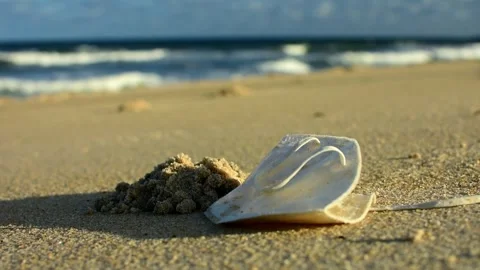 Face Mask Discarded on the Sand at the Beach, Ocean Focus Shift Stock Footage 258295870