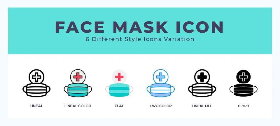 Face mask icon set with different styles. Design elements for logo. Vector .. Stock Illustration