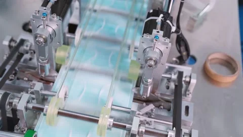 Face mask production line in modern factory Stock-Footage 139600751