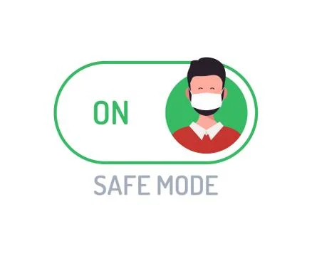 Face mask safe mode switch toggle. Flat vector illustration with character pe Illustrazione stock