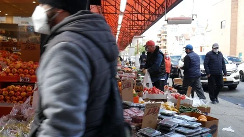 Face Mask Shoppers Brighton Beach Produce Market Coronavirus Lockdown Stock Footage 129580448