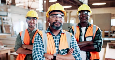 Face, men and carpenter in workshop with arms crossed for collaboration, Stock Footage 321864228