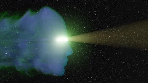 Face of moving smoke with light beams coming from eyes on the star background Stock Footage 249265567