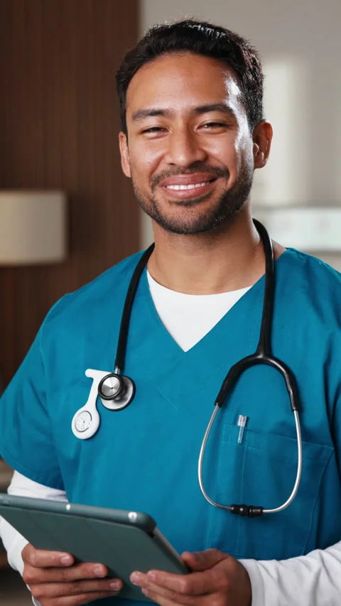 Face, nurse and man with tablet in clinic for research, digital app and Stock-Footage 341475545