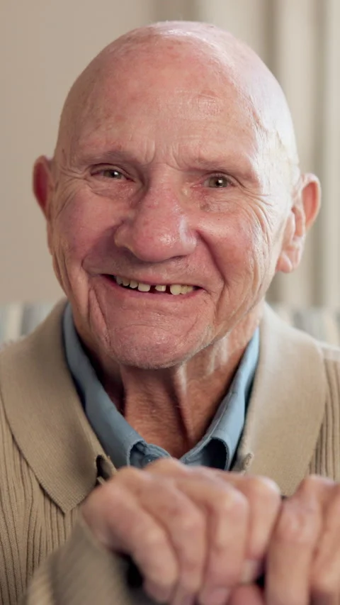 Face, old man and smile at house with cane, support and calm morning for Stock Footage 341081872