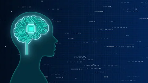 Face outline circuit board and binary data flow, Future AI tech machine learning Stock Footage 344838067