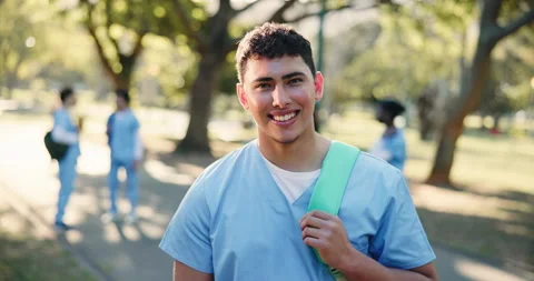 Face, park or happy man for nursing residence, medical internship or scholarship Stock Footage 346116316