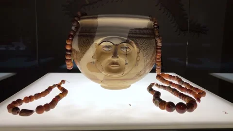 Face-patterned bowl, pottery from ancient times Stock Footage 237284324