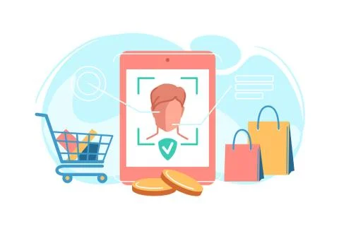 Face payment. Payment using Face Recognition And Identification. Mobile phone Stock Illustration