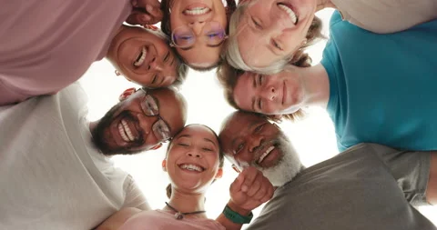 Face, people and team in circle with smile, training or exercise together Video stock 253846892