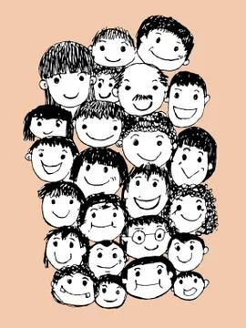 Face people sketch Crowd of funny peoples Stock Illustration