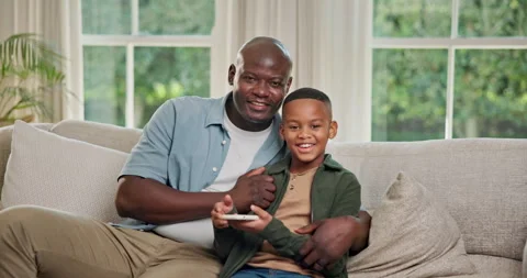 Face, phone and dad with child on sofa for bonding with online game, internet Stock Footage 341458073