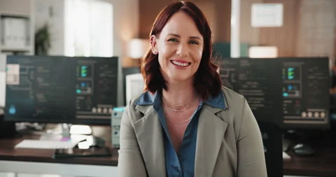 Face, programmer and smile with business woman in office, code and software Video stock 330061532